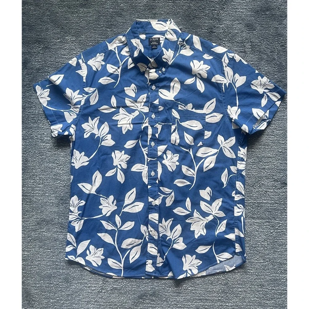 J.Crew Flex Washed Hawaiian Shirt Blue‎ White Floral Men's L